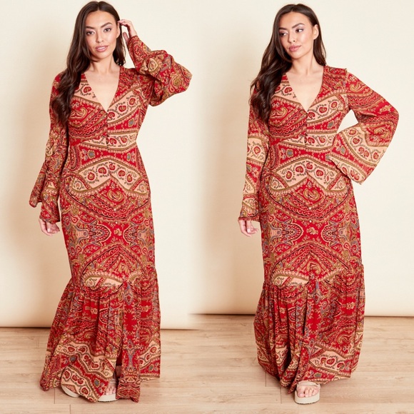 Dresses & Skirts - Bohemian Red Paisley Maxi Dress with Bell Sleeves
